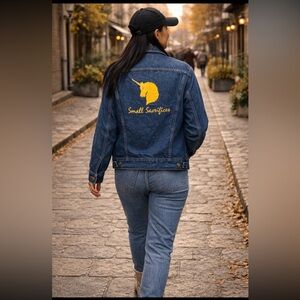 Upcycled  Dark Blue Denim Embellished Jacket with ABC Patch size L.